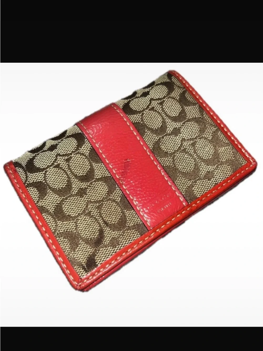 Coach Vintage Signature Canvas Mini Bifold Card Wallet Red/Pink Trim